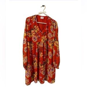 Time and True Floral V-Neck Long Sleeve Red Dress